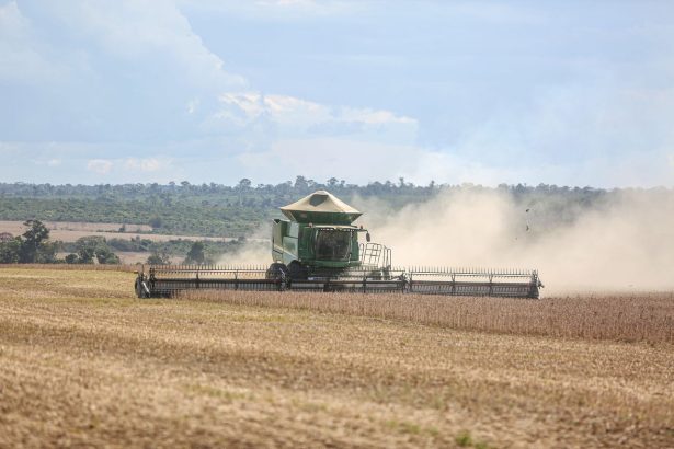 Colheitadeira trabalha em uma ampla lavoura de soja em Paragominas, no Pará.