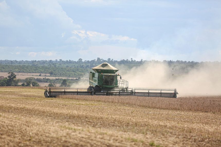 Colheitadeira trabalha em uma ampla lavoura de soja em Paragominas, no Pará.
