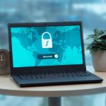 Laptop com ícone de cadeado na tela, sobre uma mesa ao lado de uma planta e um relógio.